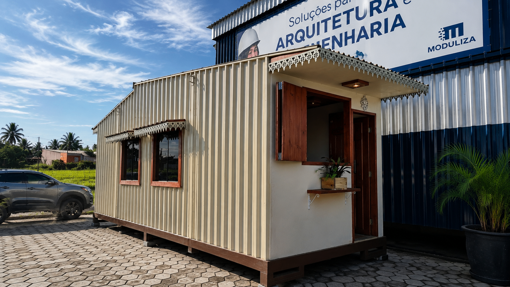 Unidade modular clara para hospedagem posicionada em frente à fábrica da MODULIZA