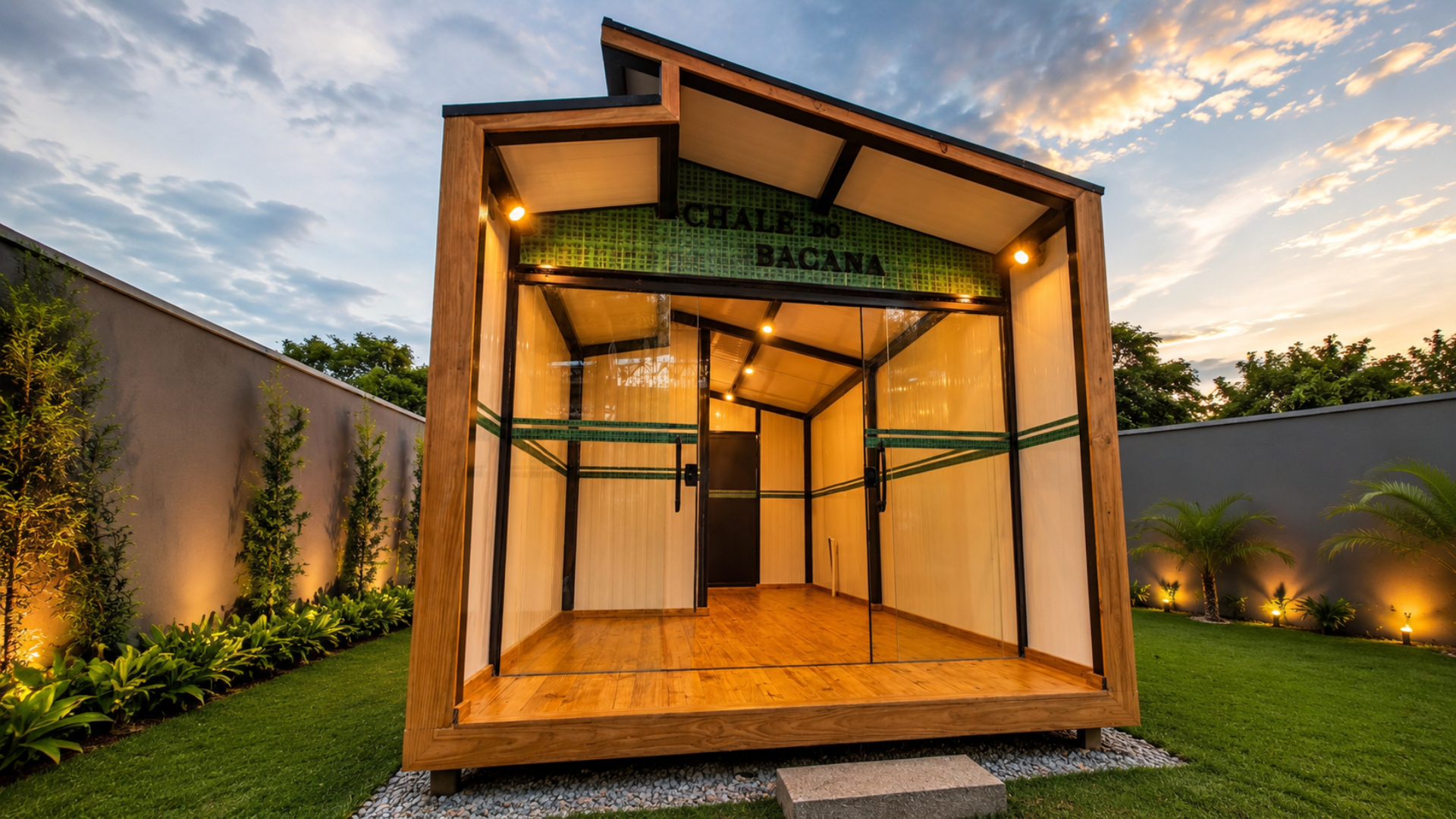 Chalé modular com fachada envidraçada e acabamento em madeira