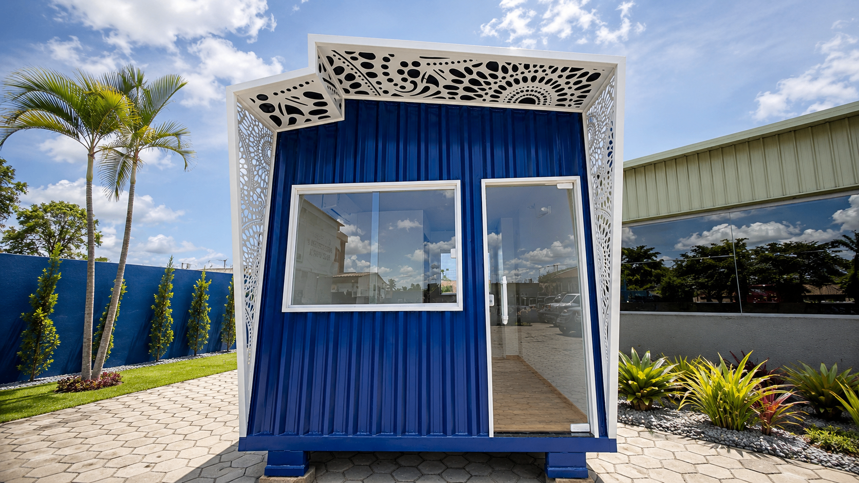 Módulo modular azul para Airbnb e temporada com estrutura branca decorativa