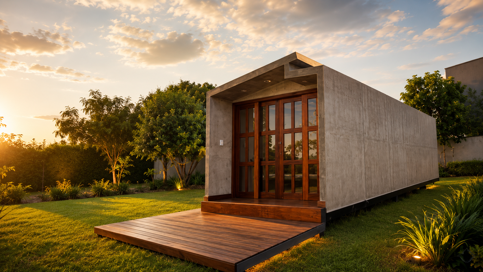 Módulo MODULIZA em concreto com deck de madeira ao entardecer