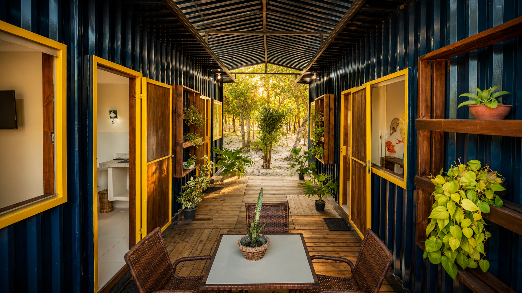 Corredor interno de módulo MODULIZA com detalhes em madeira e amarelo